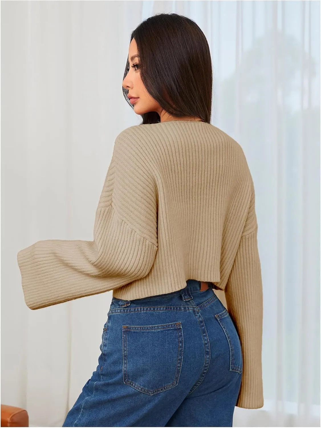 MakeMeChic Women's Cream Cropped Sweater Knit Crop Top Sweater V Neck Drop Shoulder Long Sleeve Pullover