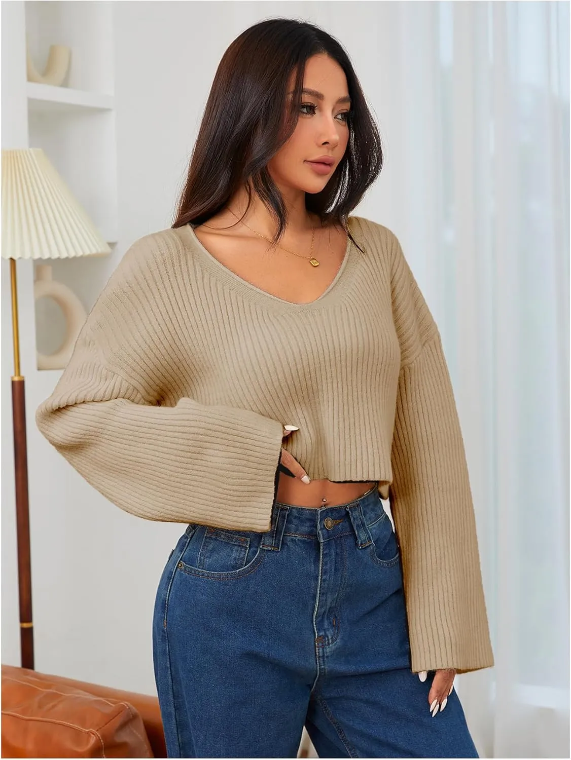 MakeMeChic Women's Cream Cropped Sweater Knit Crop Top Sweater V Neck Drop Shoulder Long Sleeve Pullover