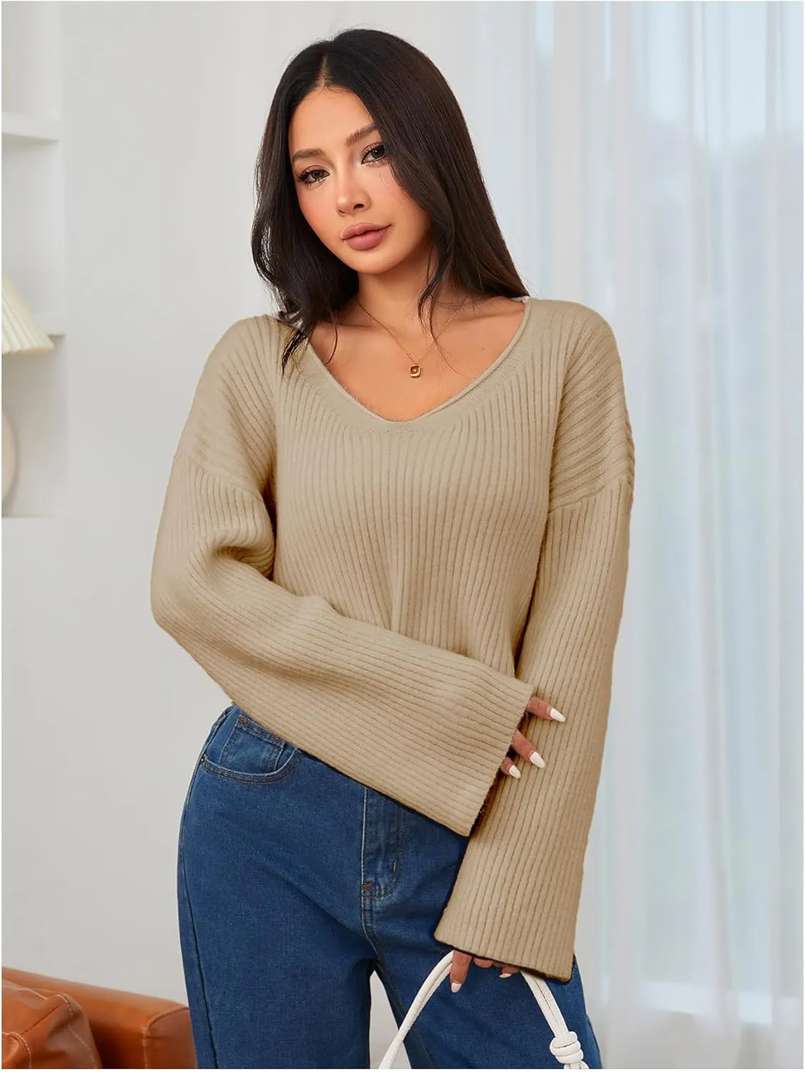 MakeMeChic Women's Cream Cropped Sweater Knit Crop Top Sweater V Neck Drop Shoulder Long Sleeve Pullover
