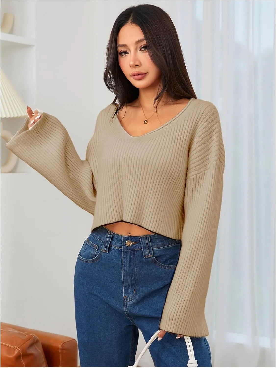 MakeMeChic Women's Cream Cropped Sweater Knit Crop Top Sweater V Neck Drop Shoulder Long Sleeve Pullover