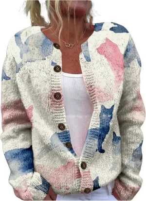 MARSVOVO Cardigan Sweaters for Women Cute Cat Print Long Sleeve Button Down Open Front Cardigan for Women