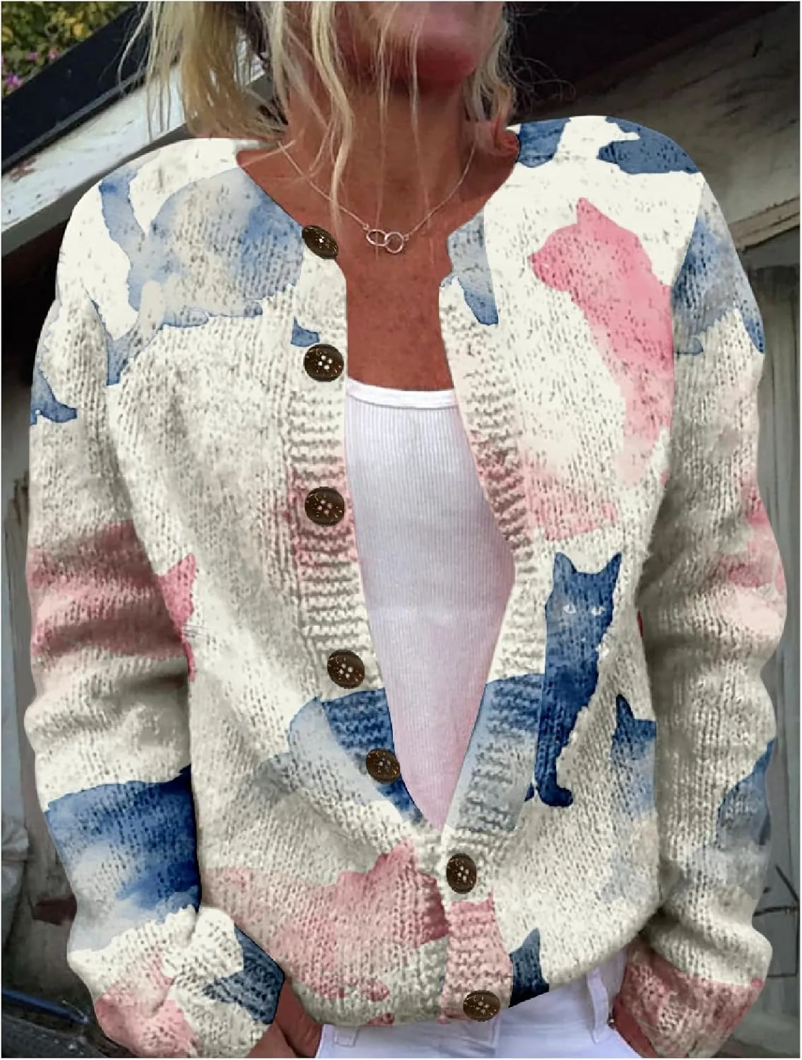 MARSVOVO Cardigan Sweaters for Women Cute Cat Print Long Sleeve Button Down Open Front Cardigan for Women