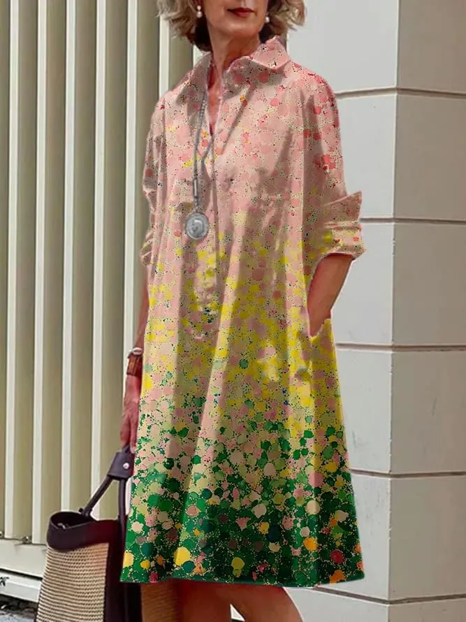 MARSVOVO Womens Linen Long Sleeve Midi Printed Button Down Shirt Dress Plus Size Loose Shirt Dresses for Women with 2 Pockets