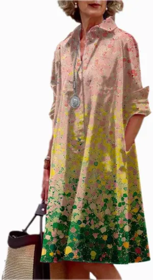 MARSVOVO Womens Linen Long Sleeve Midi Printed Button Down Shirt Dress Plus Size Loose Shirt Dresses for Women with 2 Pockets