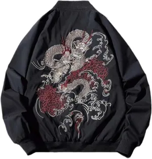 Men Spring Winter Dragon Embroidery Jacket Thick Warm Cotton Padded Pilot Coat Baseball Jacket