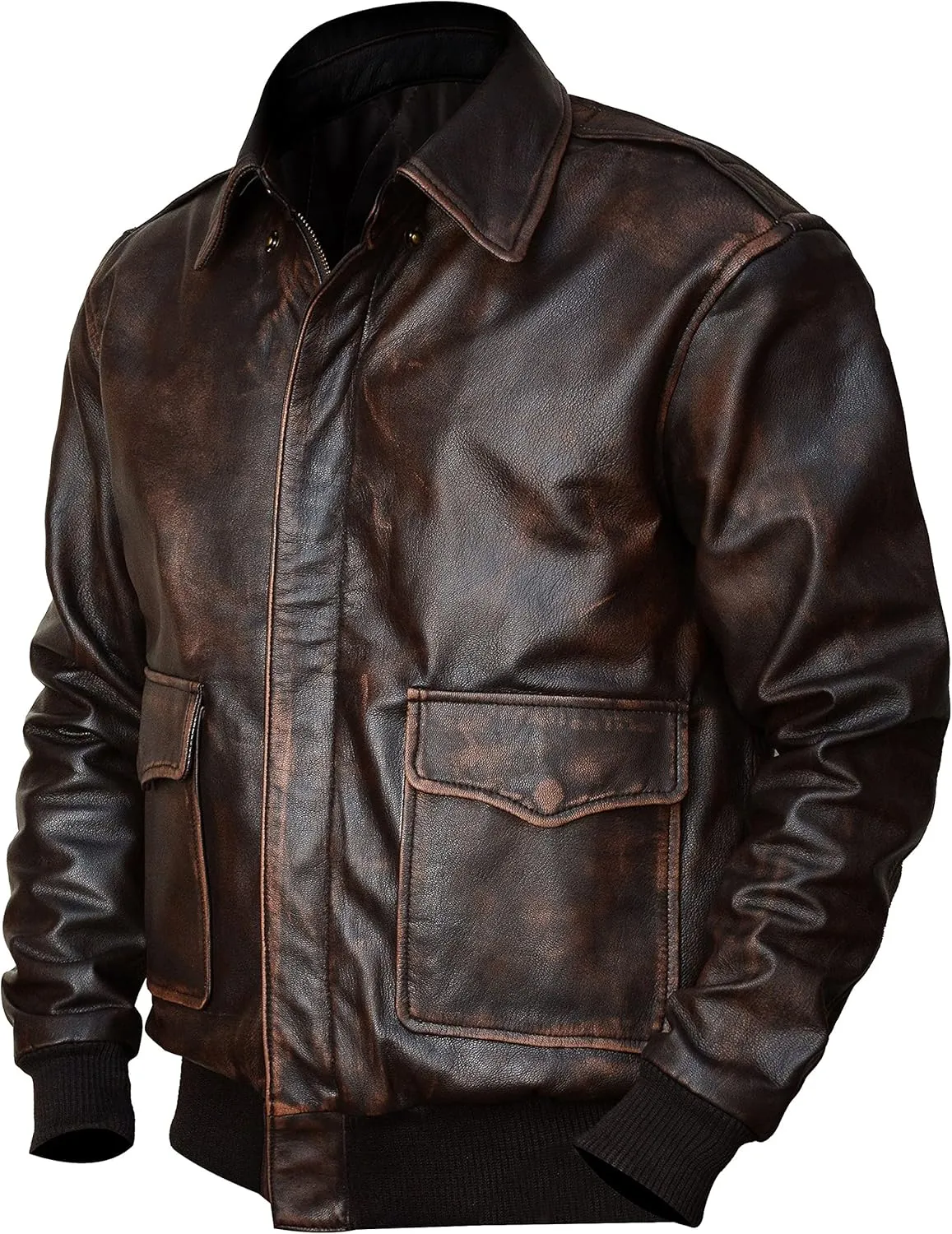 Men's A2 Aviator Pilot Flight Distressed Brown Leather Jacket - WW2 USAAF Air Force Flying Bomber Outerwear
