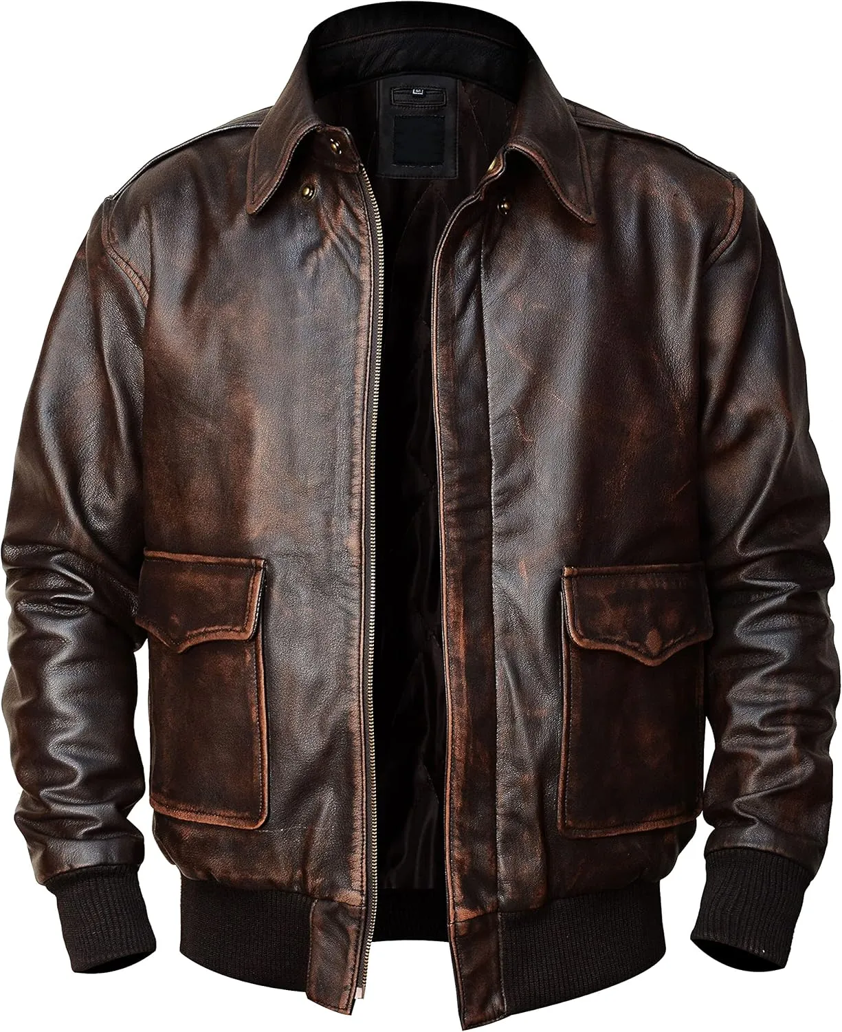 Men's A2 Aviator Pilot Flight Distressed Brown Leather Jacket - WW2 USAAF Air Force Flying Bomber Outerwear