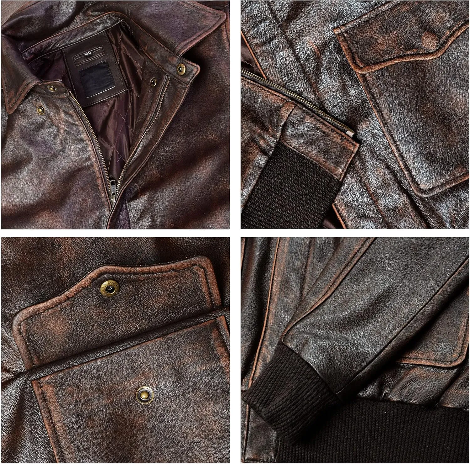 Men's A2 Aviator Pilot Flight Distressed Brown Leather Jacket - WW2 USAAF Air Force Flying Bomber Outerwear