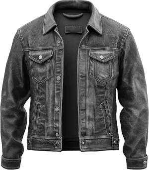 Men's American Fashion Distressed Lambskin Vintage Western Trucker Leather Motorcycle Jacket Men
