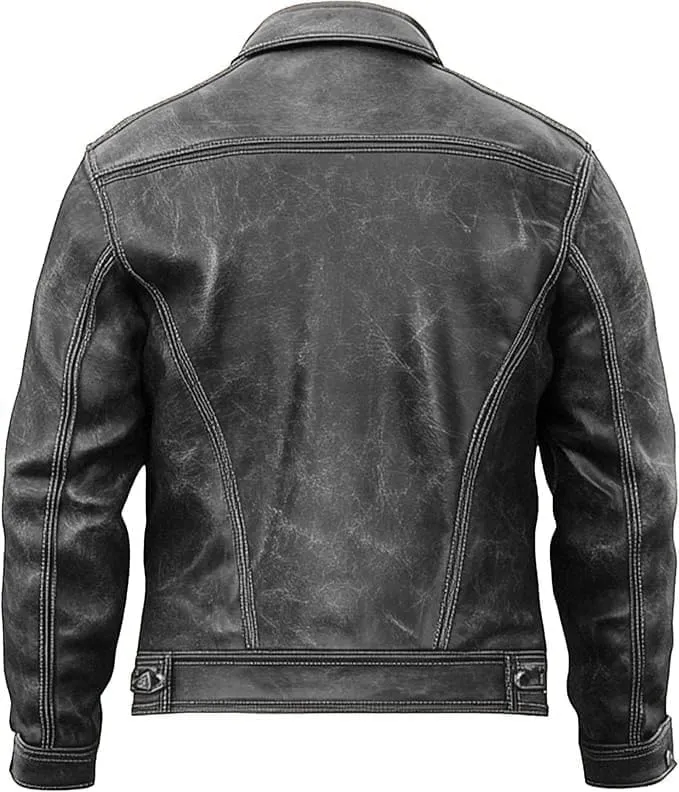 Men's American Fashion Distressed Lambskin Vintage Western Trucker Leather Motorcycle Jacket Men