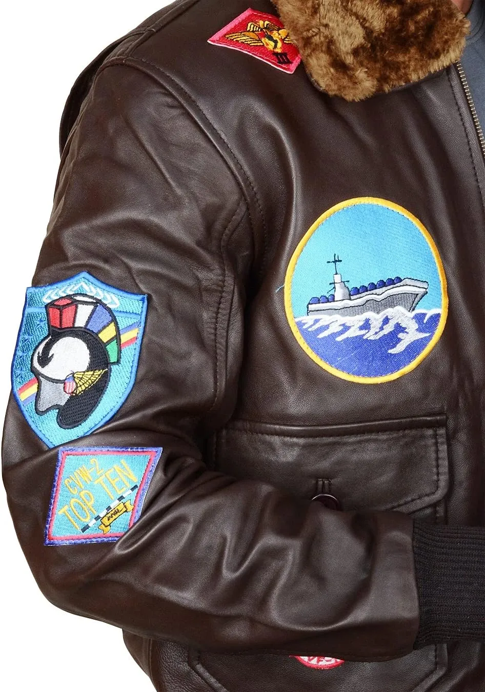 Mens Aviator Bomber Style Flight Fighter Pilot Jacket Removable Fur Collar With Aviation Patches Jacket