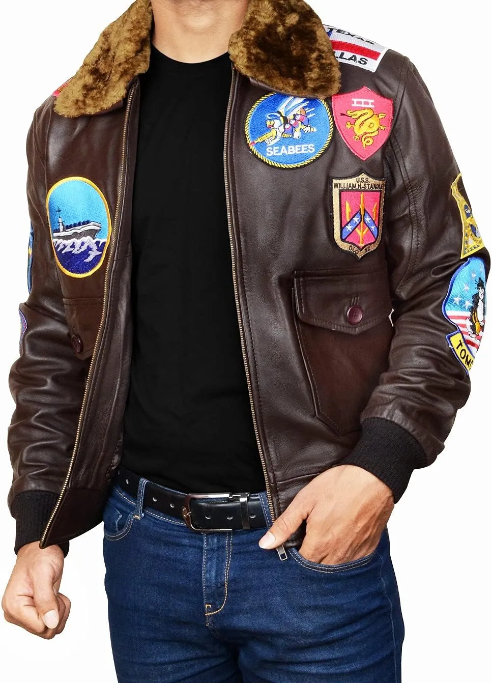 Mens Aviator Bomber Style Flight Fighter Pilot Jacket Removable Fur Collar With Aviation Patches Jacket