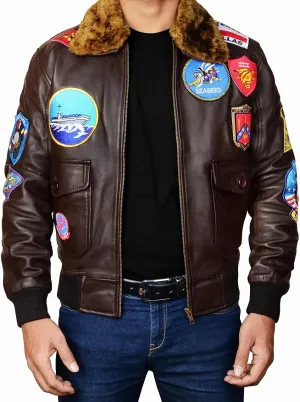 Mens Aviator Bomber Style Flight Fighter Pilot Jacket Removable Fur Collar With Aviation Patches Jacket