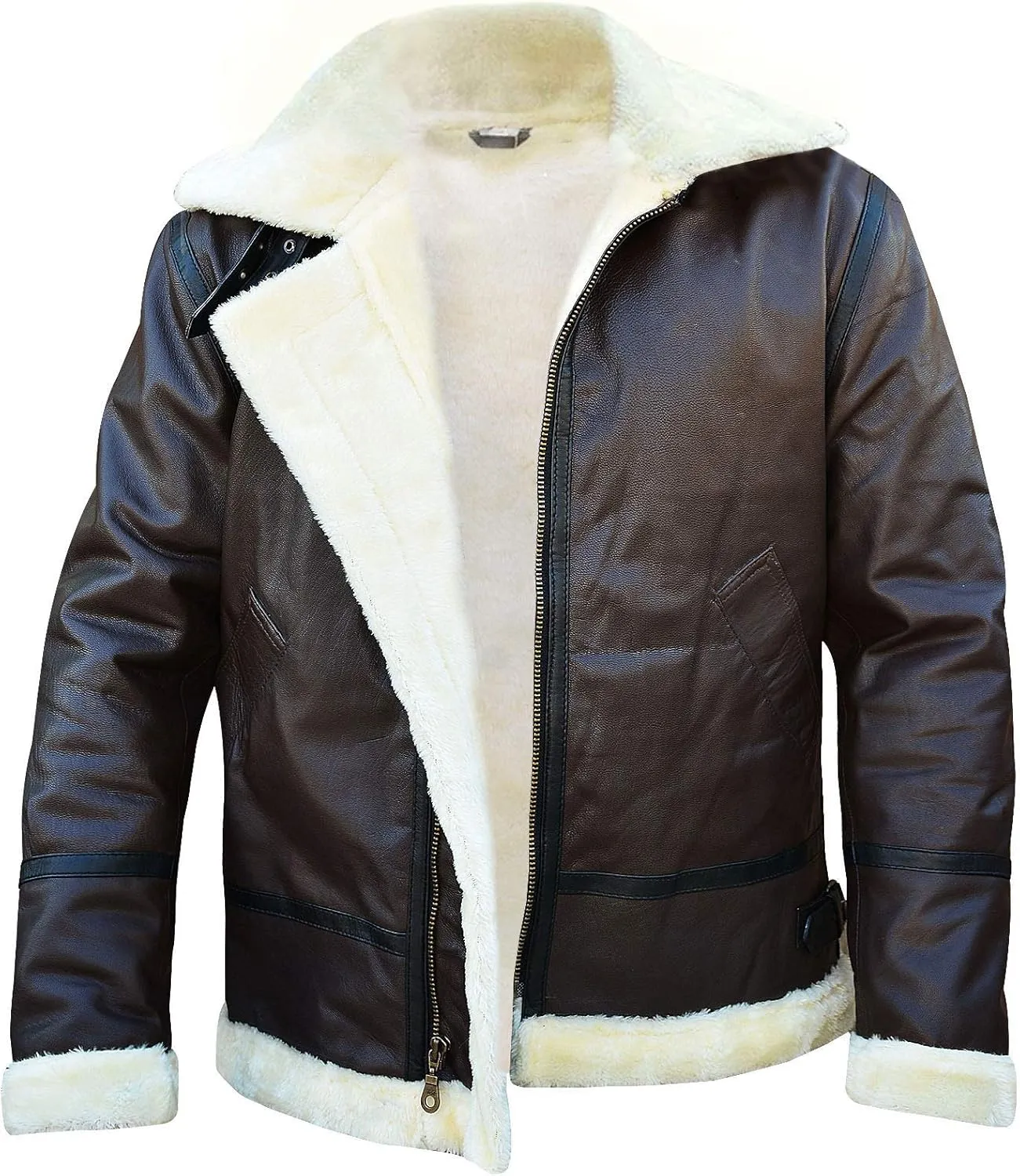 Mens B3 Aviator Shearling Jacket - Flight Pilot Sheepskin Leather Bomber Jacket Black/Brown