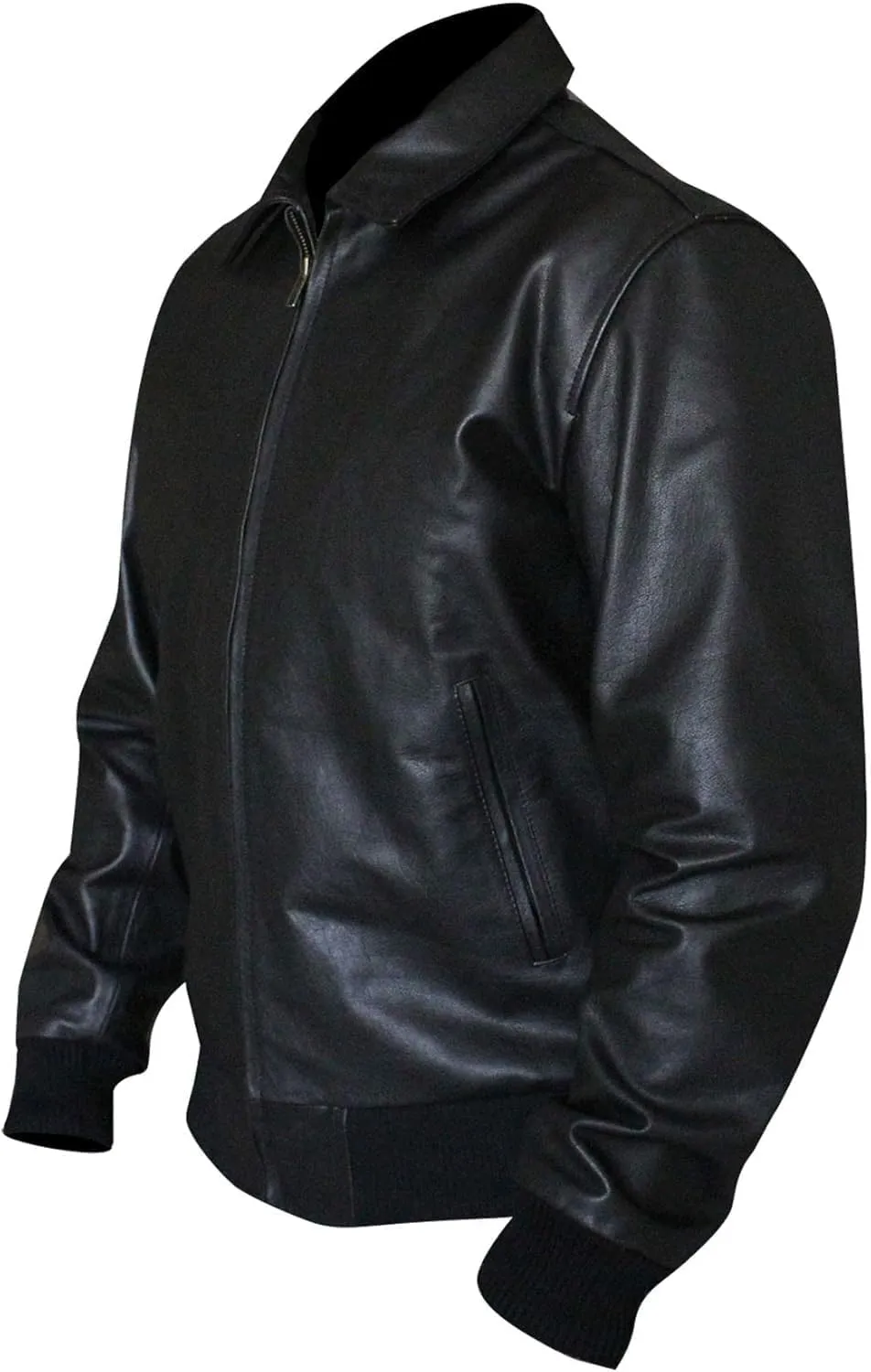 Mens Black Happy Arthur Fonzie Vintage Classic Genuine Bomber Leather Ribbed Biker Jacket