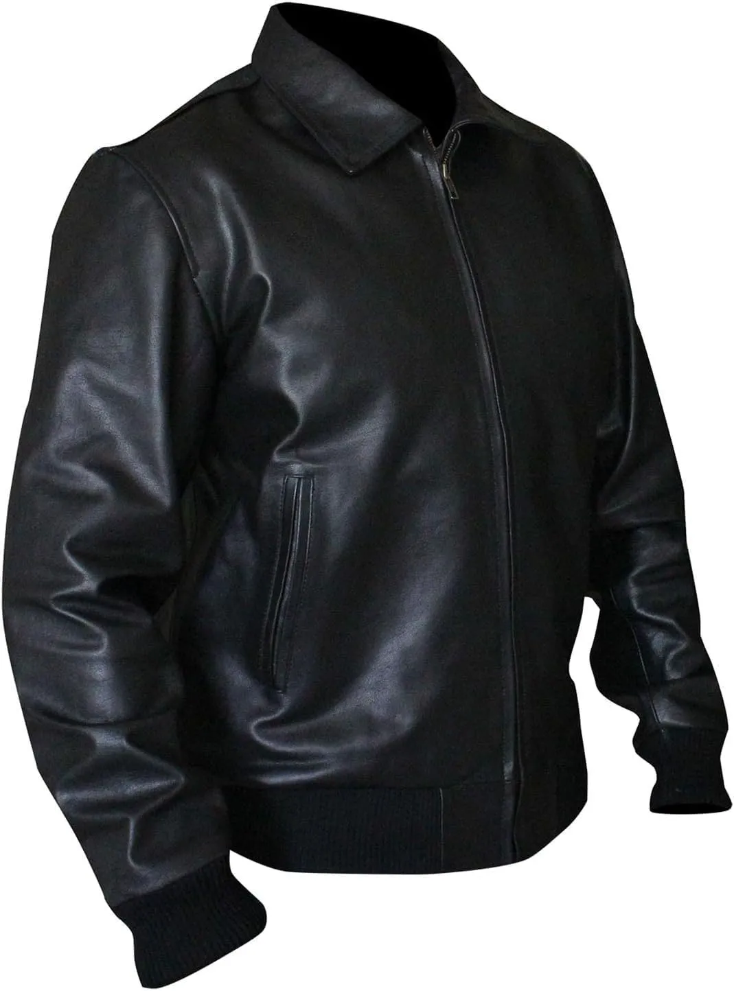 Mens Black Happy Arthur Fonzie Vintage Classic Genuine Bomber Leather Ribbed Biker Jacket