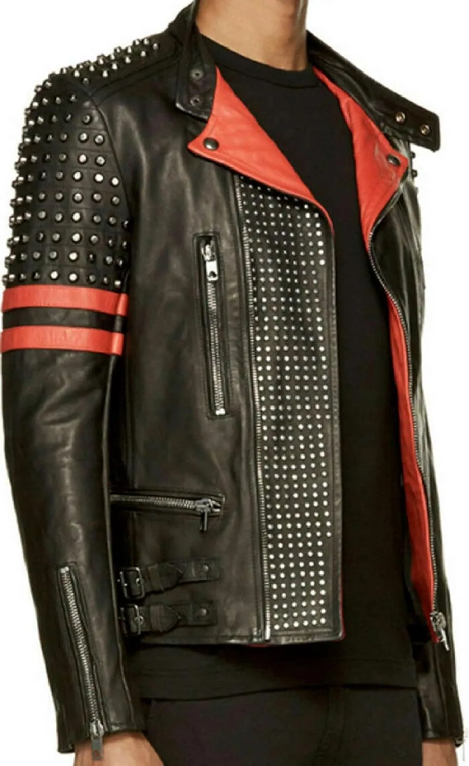 Mens Brando Studded Spike Motorcycle Red Stripes Black Leather Jacket