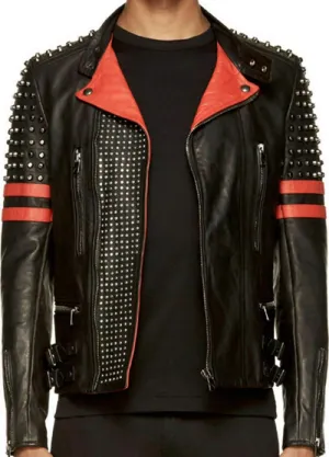Mens Brando Studded Spike Motorcycle Red Stripes Black Leather Jacket