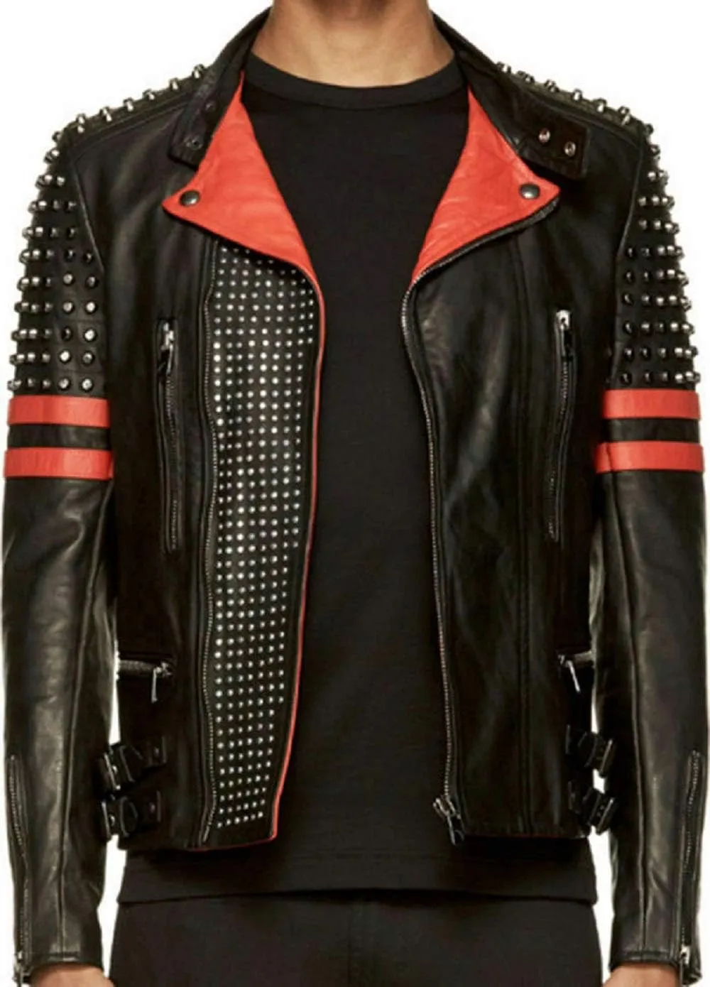 Mens Brando Studded Spike Motorcycle Red Stripes Black Leather Jacket