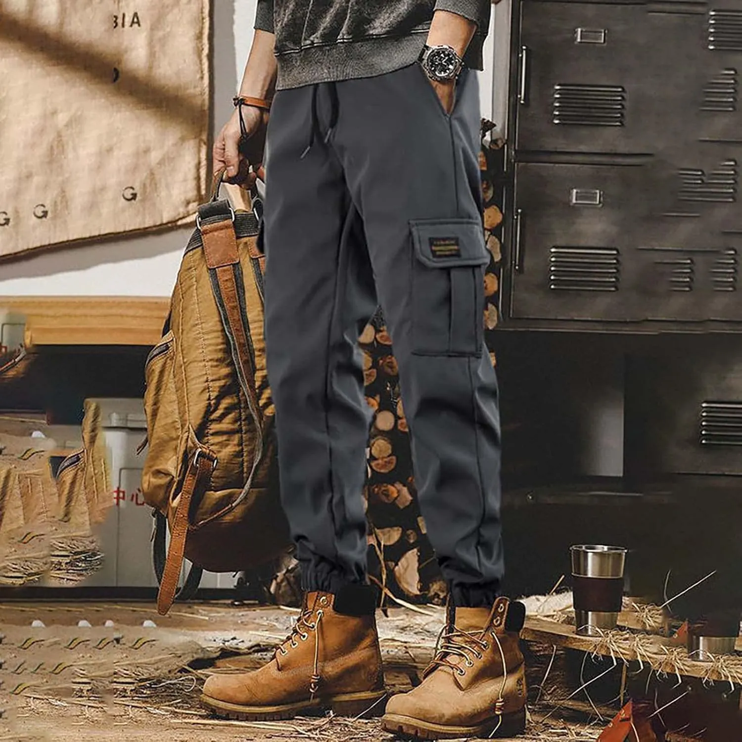 Mens Cargo Pants Jogger Hiking Elastic Waist Regular Fit Casual Straight Drawstring Lightweight Pants with Pockets
