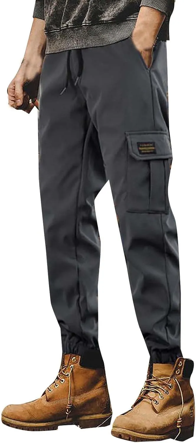 Mens Cargo Pants Jogger Hiking Elastic Waist Regular Fit Casual Straight Drawstring Lightweight Pants with Pockets