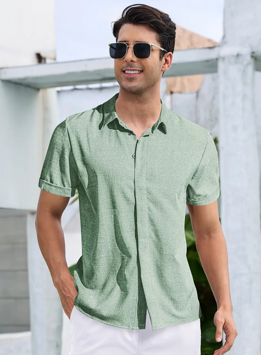 Mens Casual Linen Shirt Solid Short Sleeve Button Down Shirts Turn-up Collar Clothes Tops.