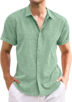 Mens Casual Linen Shirt Solid Short Sleeve Button Down Shirts Turn-up Collar Clothes Tops.