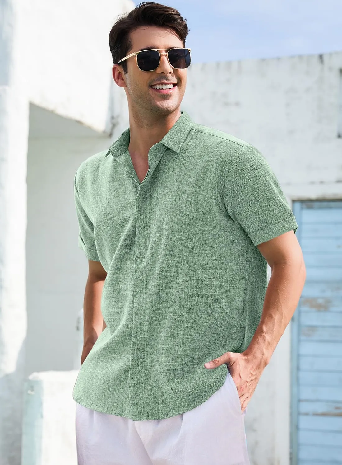 Mens Casual Linen Shirt Solid Short Sleeve Button Down Shirts Turn-up Collar Clothes Tops.
