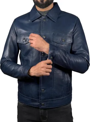Mens Classic Vintage Shirt Style Real Lambskin Trucker Jacket - Leather Trucker Jackets for Men
