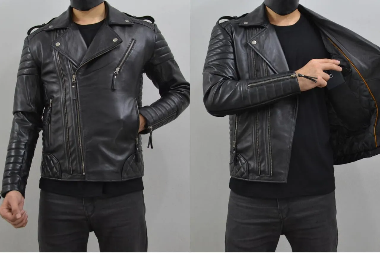 Mens Leather Jacket - Biker Leather Jacket For Men - Lightweight Slim Mens Leather Motorcycle Jackets Black Real Lambskin