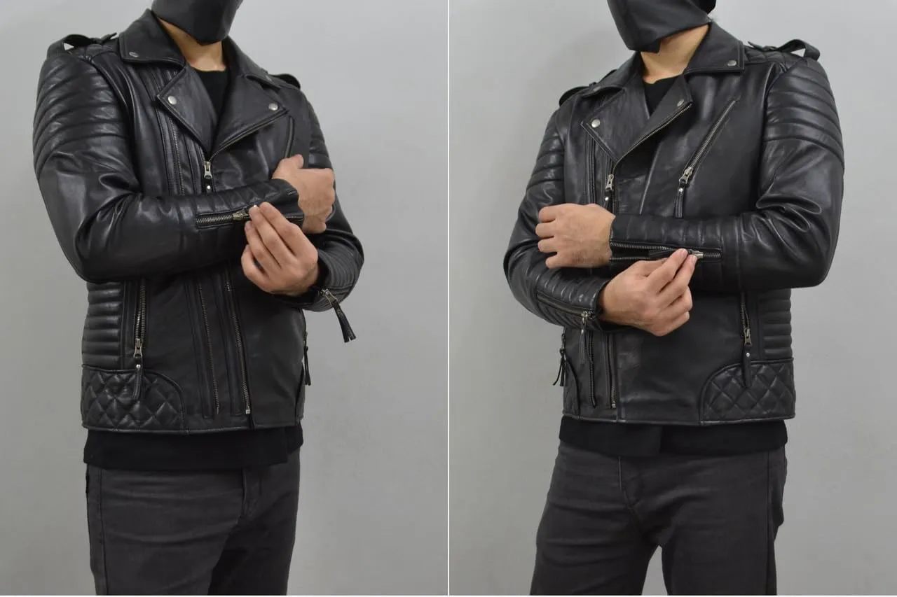 Mens Leather Jacket - Biker Leather Jacket For Men - Lightweight Slim Mens Leather Motorcycle Jackets Black Real Lambskin