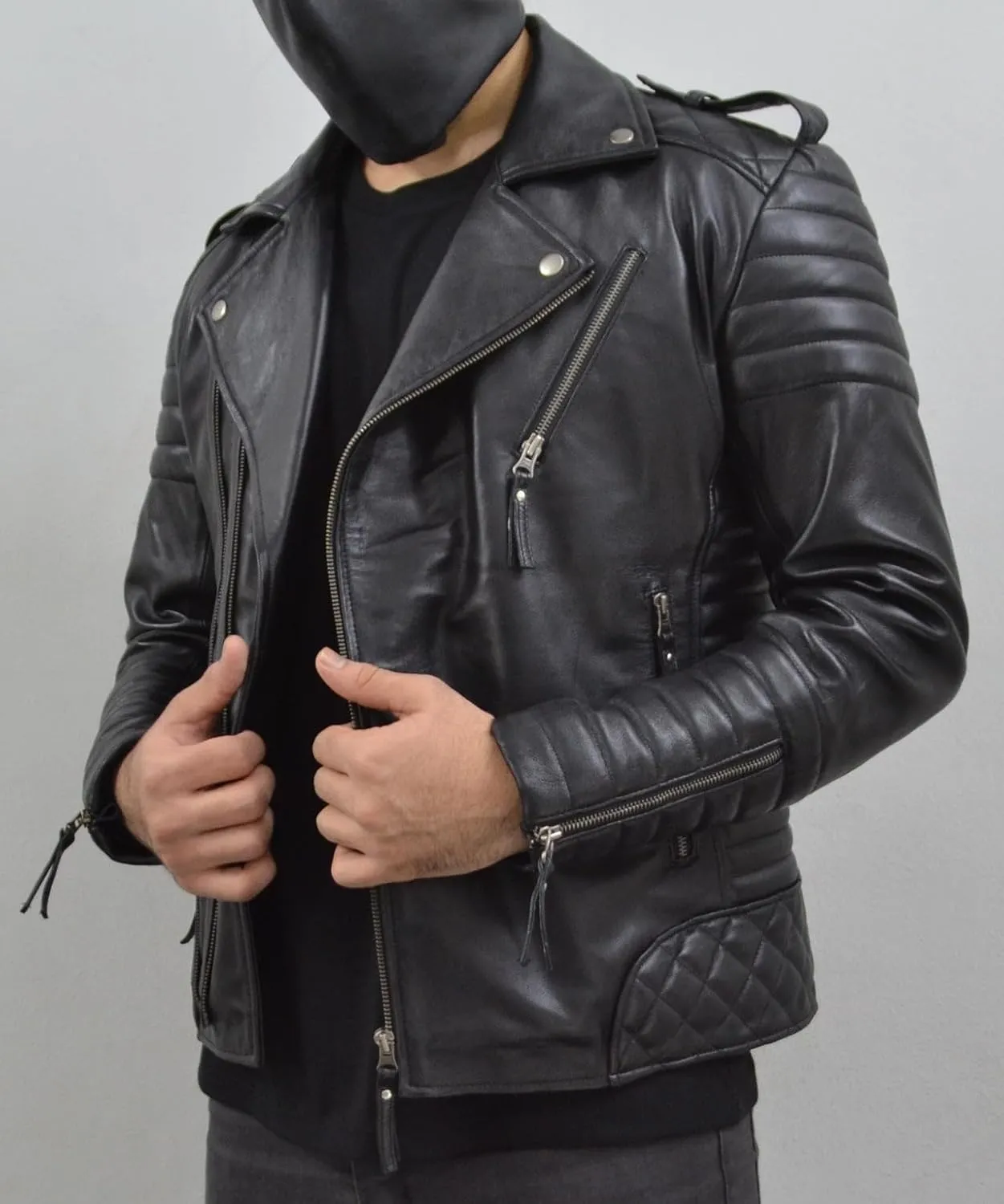 Mens Leather Jacket - Biker Leather Jacket For Men - Lightweight Slim Mens Leather Motorcycle Jackets Black Real Lambskin