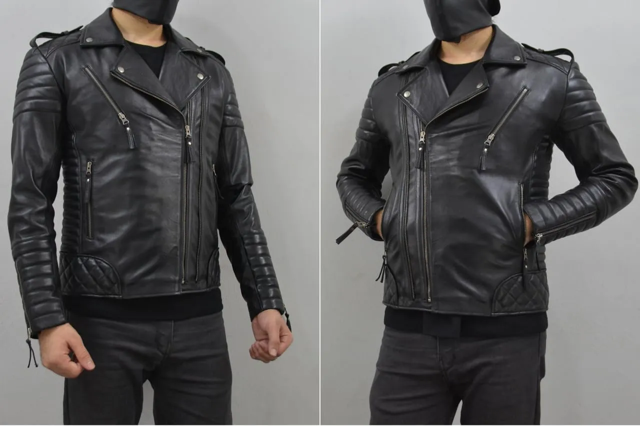 Mens Leather Jacket - Biker Leather Jacket For Men - Lightweight Slim Mens Leather Motorcycle Jackets Black Real Lambskin