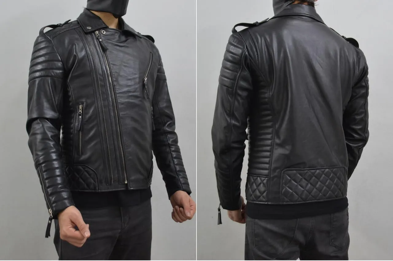 Mens Leather Jacket - Biker Leather Jacket For Men - Lightweight Slim Mens Leather Motorcycle Jackets Black Real Lambskin
