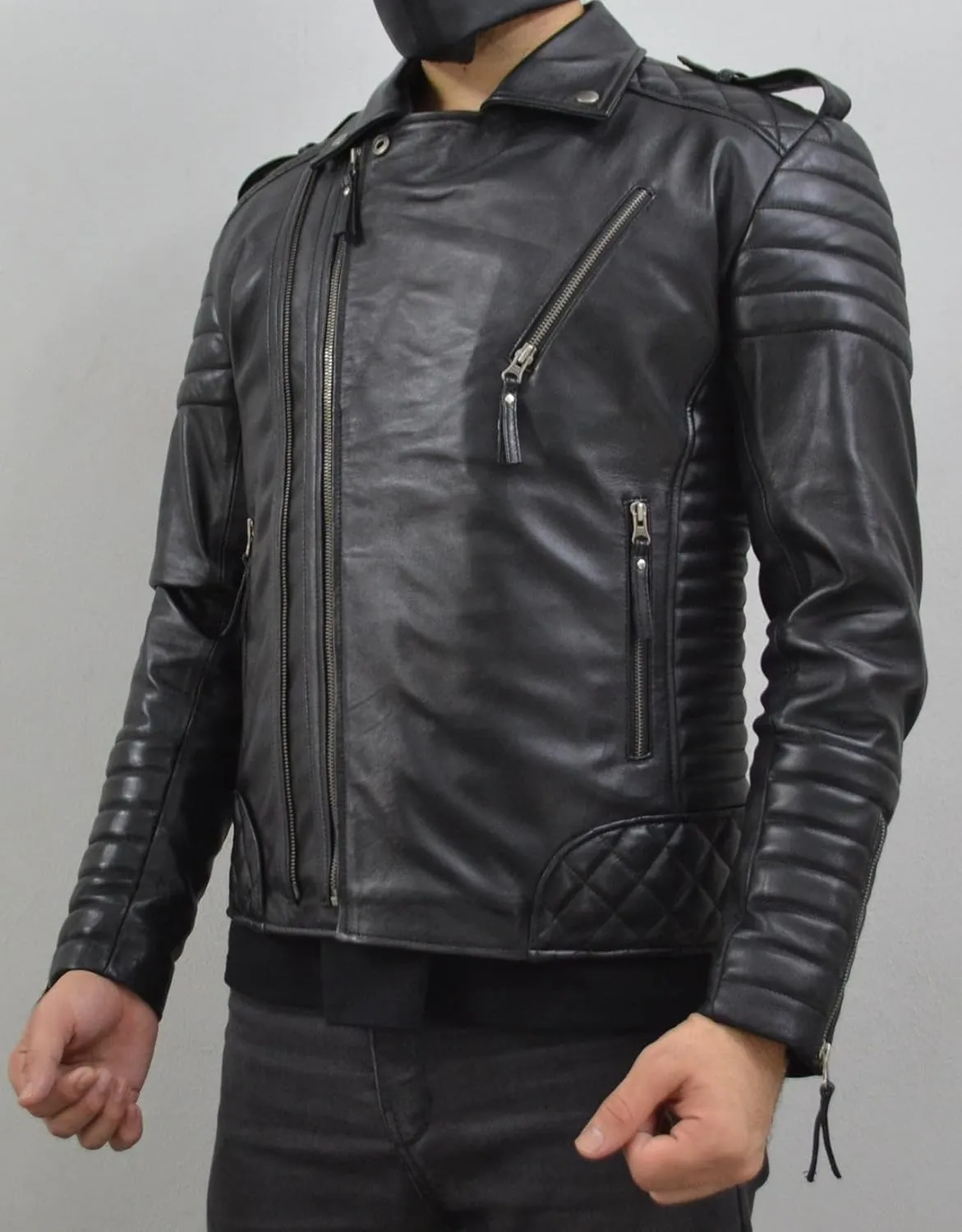 Mens Leather Jacket - Biker Leather Jacket For Men - Lightweight Slim Mens Leather Motorcycle Jackets Black Real Lambskin