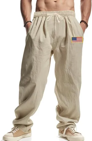 Mens Linen Pants Casual Fashion Vintage Loose Fit Wide Legs Trousers Solid Color Drawstring Waisted Pants Pockets