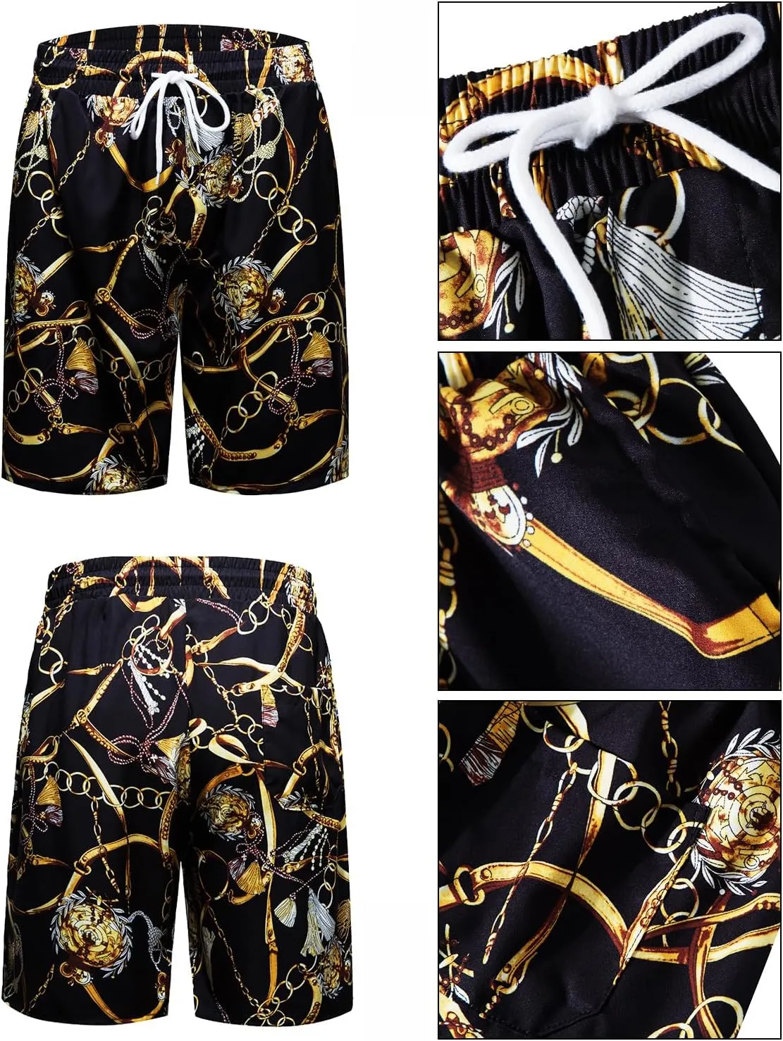 Mens Luxury Outfit Set Black Gold Shirts And Shorts 2 Piece Tracksuit Set Baroque Button Down Suit with Bucket Hats