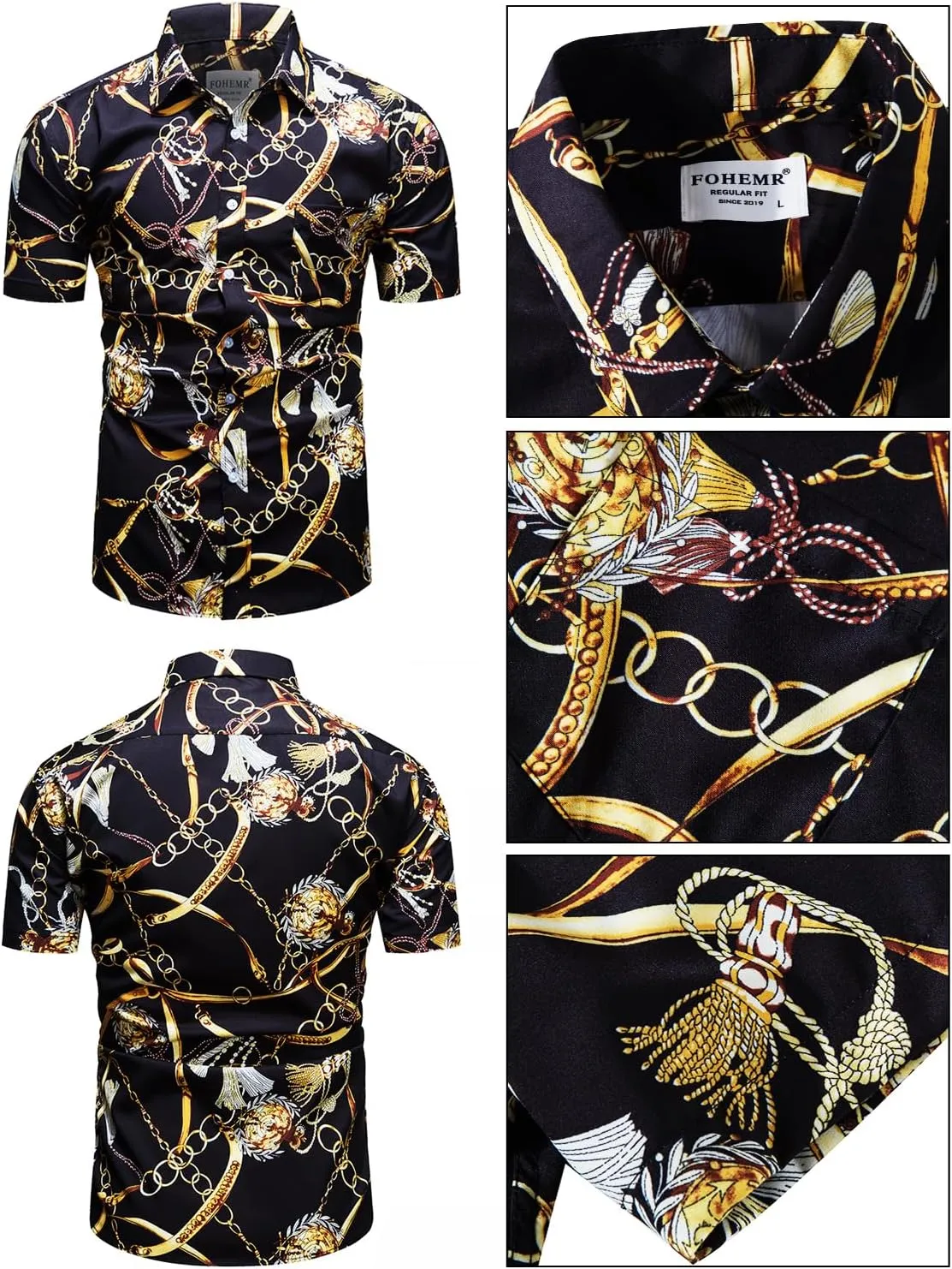 Mens Luxury Outfit Set Black Gold Shirts And Shorts 2 Piece Tracksuit Set Baroque Button Down Suit with Bucket Hats