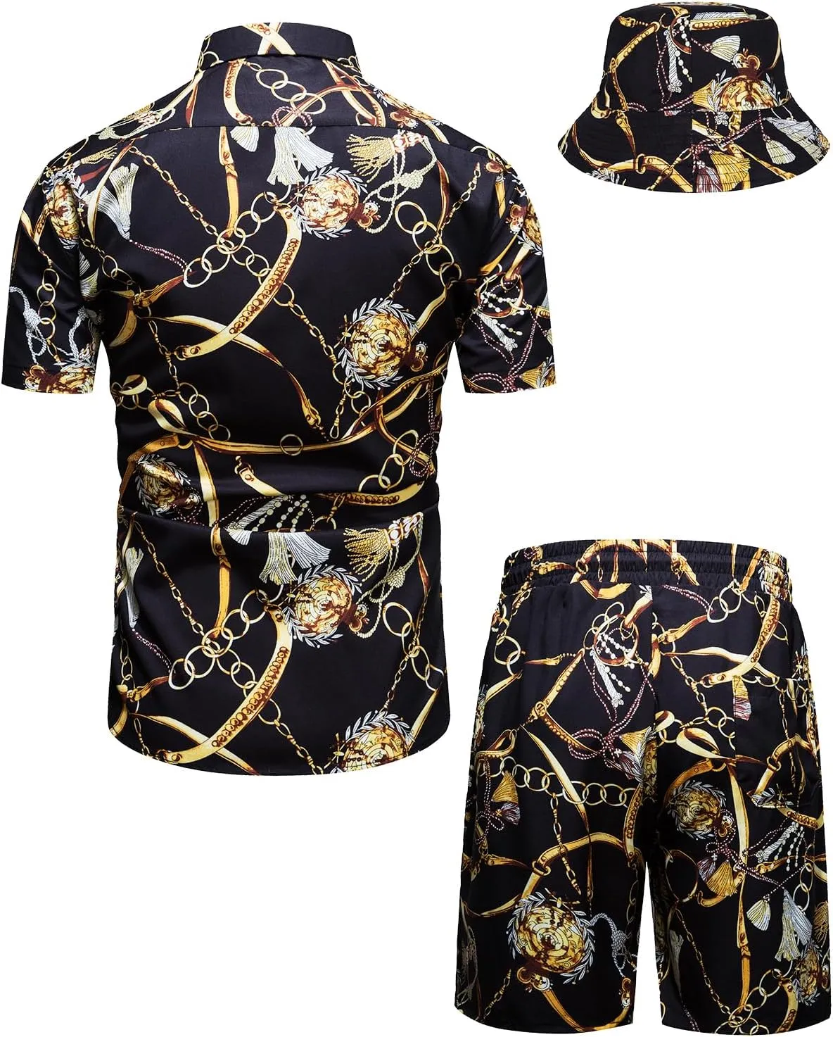 Mens Luxury Outfit Set Black Gold Shirts And Shorts 2 Piece Tracksuit Set Baroque Button Down Suit with Bucket Hats