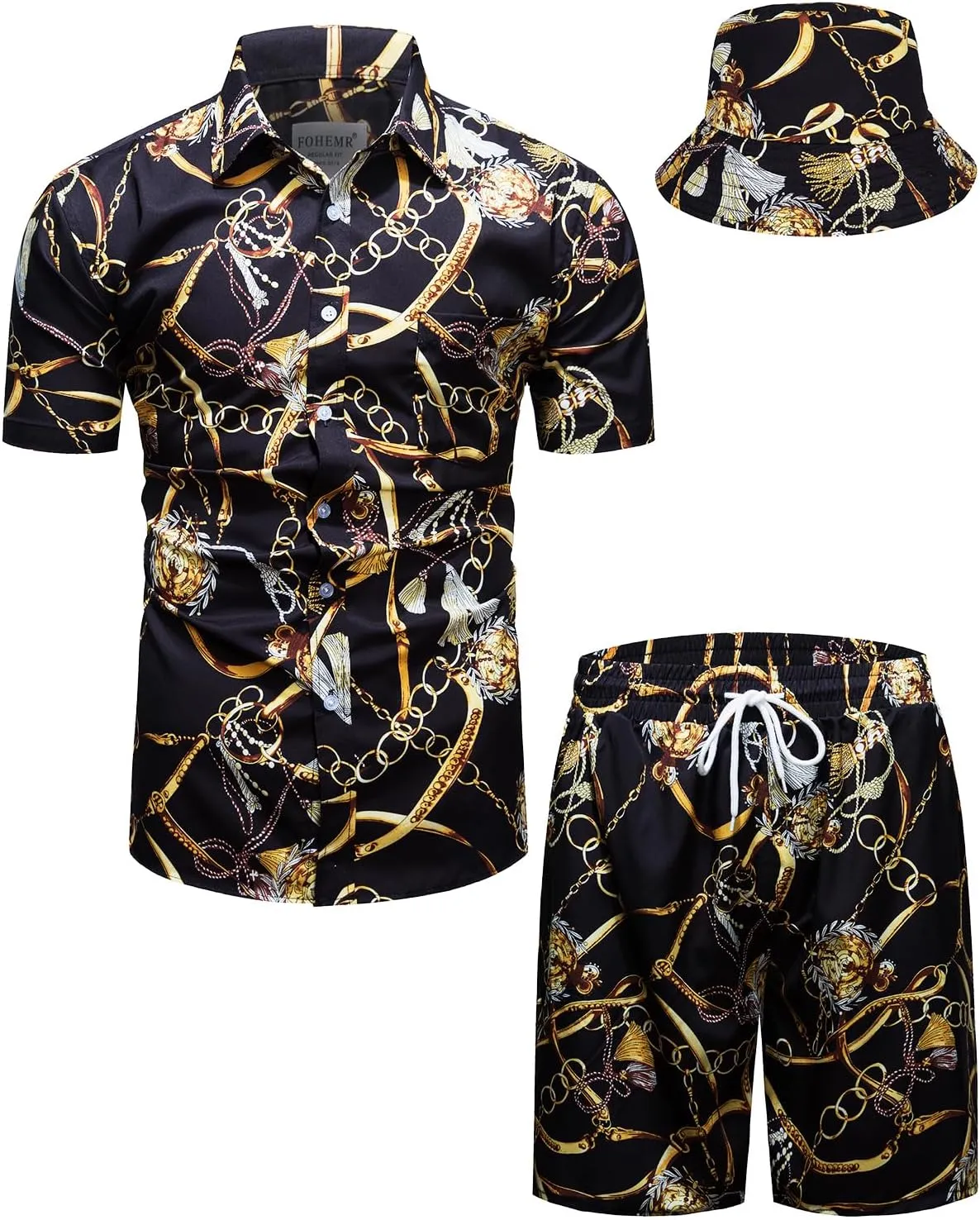 Mens Luxury Outfit Set Black Gold Shirts And Shorts 2 Piece Tracksuit Set Baroque Button Down Suit with Bucket Hats