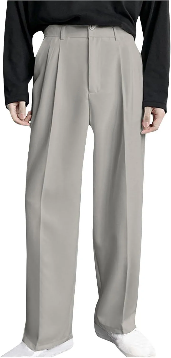 Mens Pleated Dress Pants with Belt Wide Leg Formal Pants for Men with Pockets for Office and Business Wear