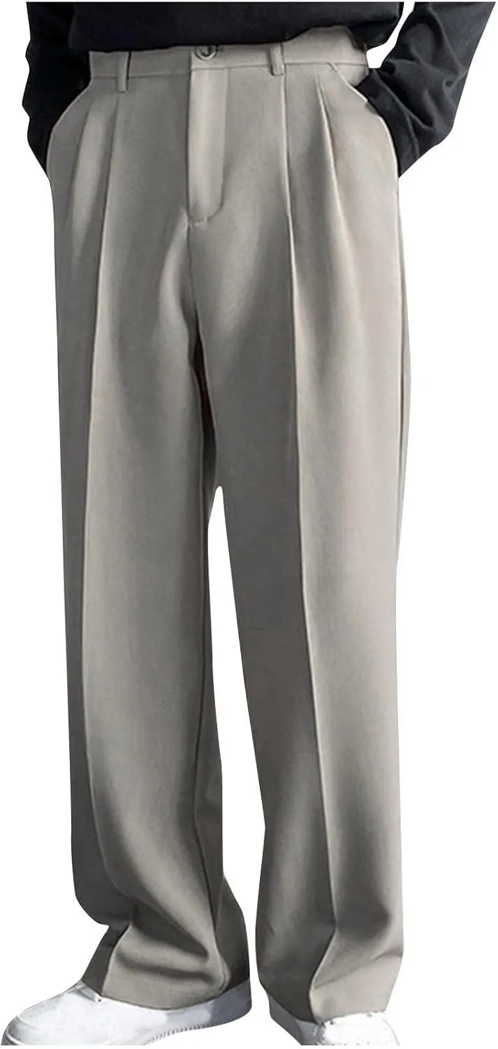 Mens Pleated Dress Pants with Belt Wide Leg Formal Pants for Men with Pockets for Office and Business Wear
