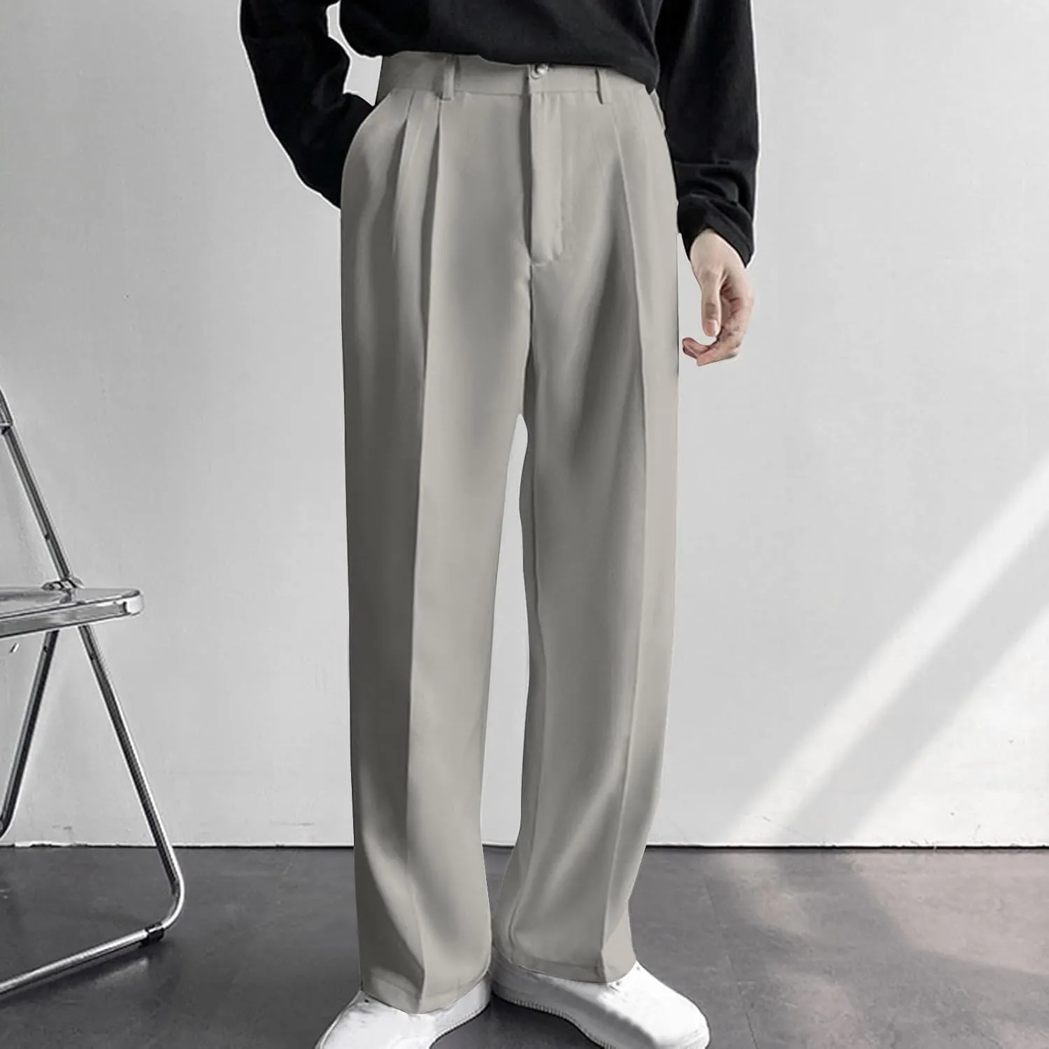 Mens Pleated Dress Pants with Belt Wide Leg Formal Pants for Men with Pockets for Office and Business Wear