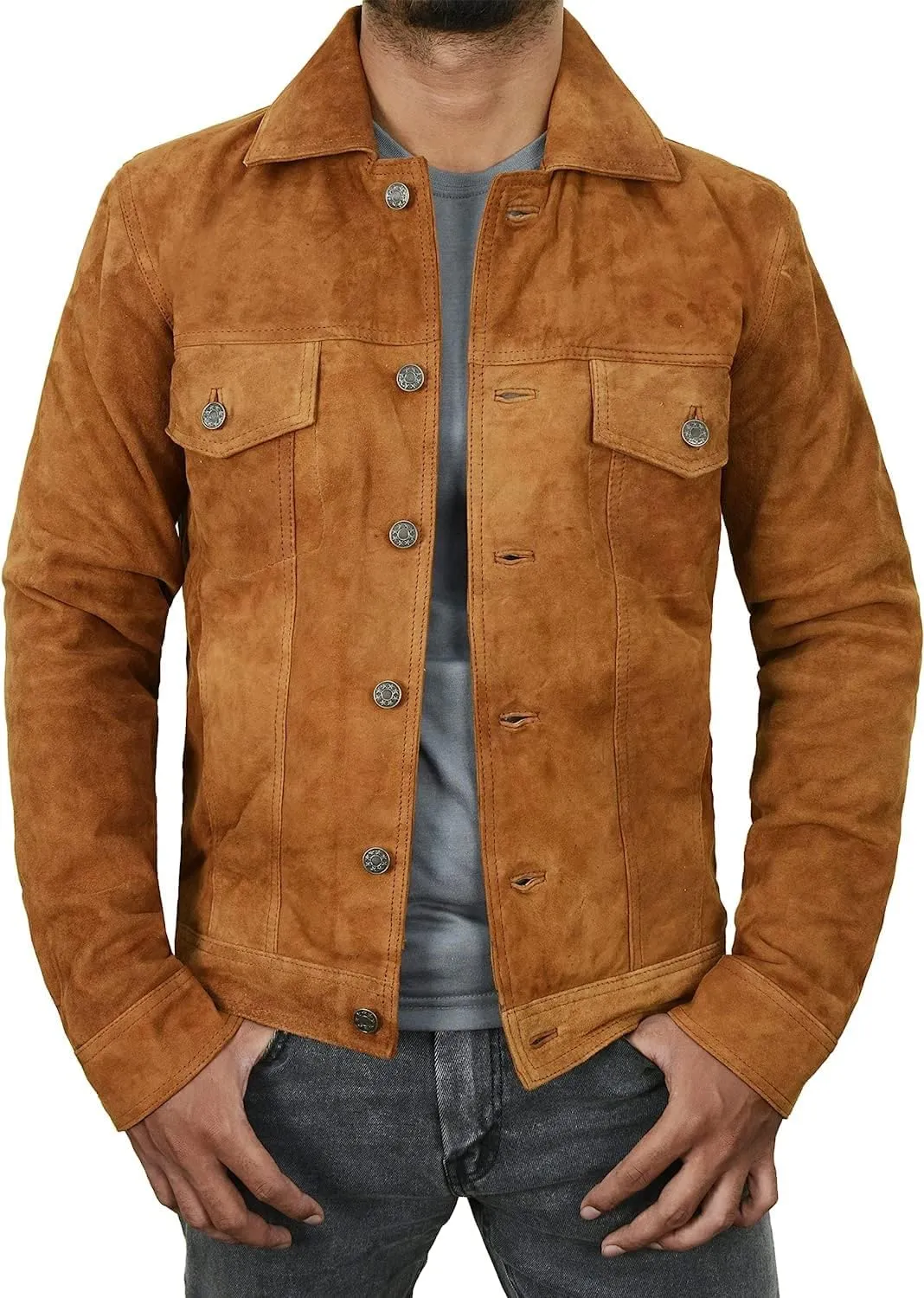 Mens Premium Brown Suede Leather Trucker Jacket - Vintage Classic Motorcycle Western Goat Leather Coat
