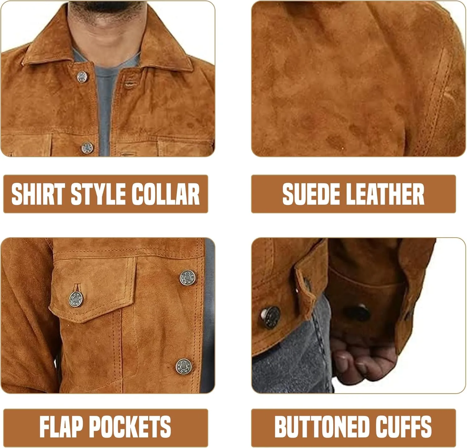 Mens Premium Brown Suede Leather Trucker Jacket - Vintage Classic Motorcycle Western Goat Leather Coat