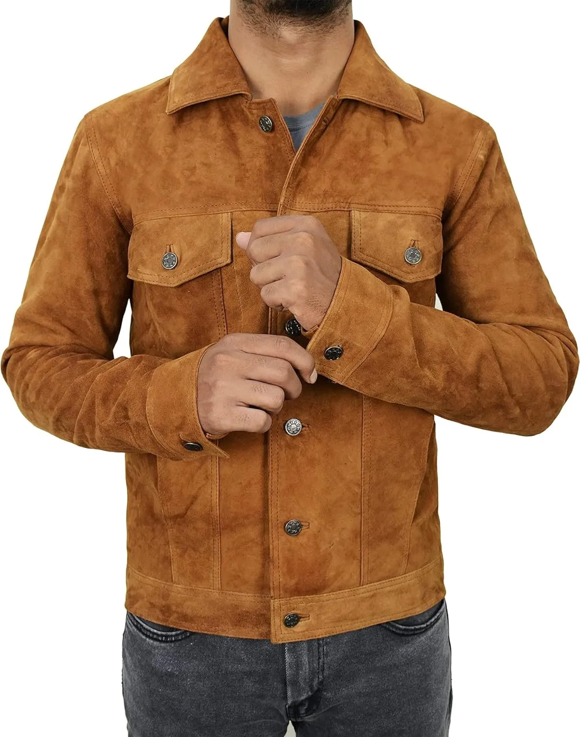 Mens Premium Brown Suede Leather Trucker Jacket - Vintage Classic Motorcycle Western Goat Leather Coat