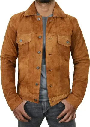 Mens Premium Brown Suede Leather Trucker Jacket - Vintage Classic Motorcycle Western Goat Leather Coat