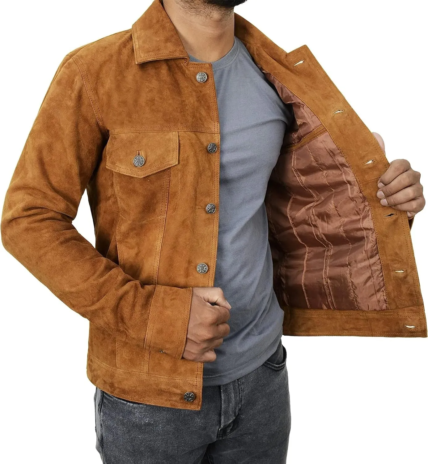 Mens Premium Brown Suede Leather Trucker Jacket - Vintage Classic Motorcycle Western Goat Leather Coat