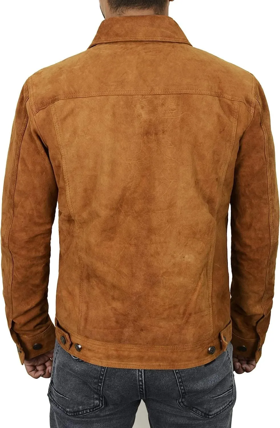 Mens Premium Brown Suede Leather Trucker Jacket - Vintage Classic Motorcycle Western Goat Leather Coat