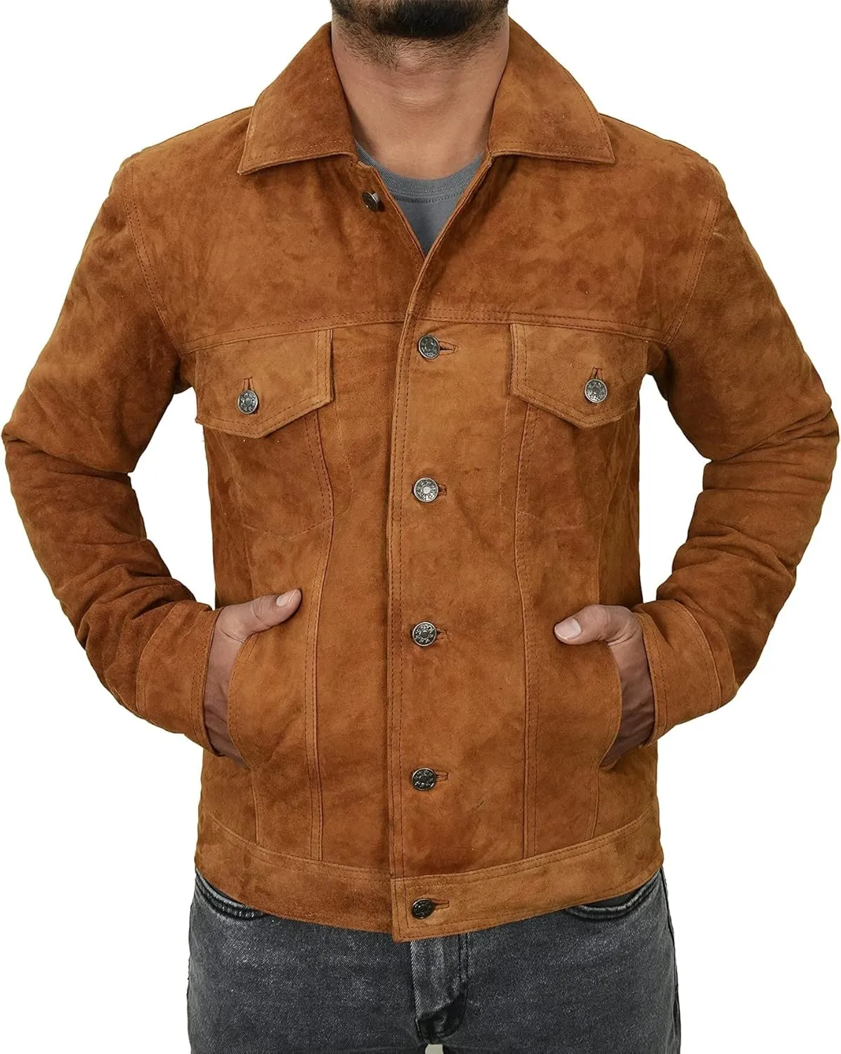 Mens Premium Brown Suede Leather Trucker Jacket - Vintage Classic Motorcycle Western Goat Leather Coat